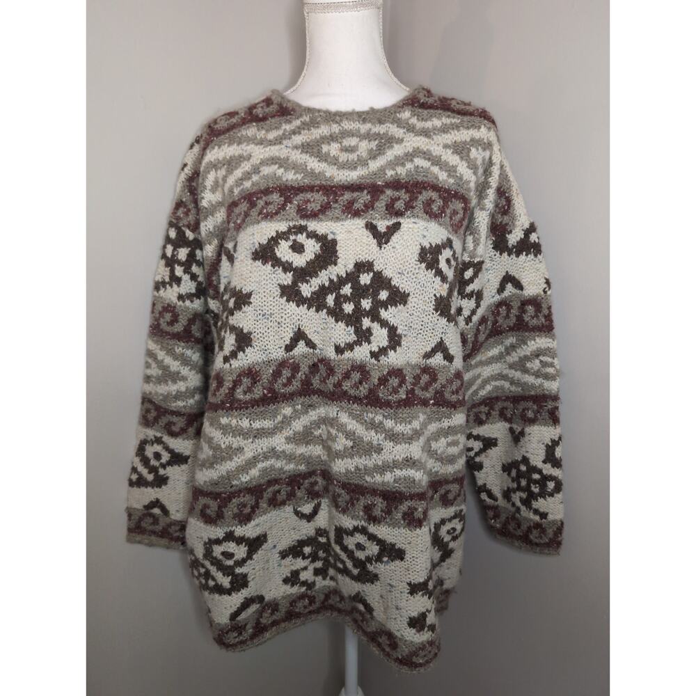 Vintage Express Tricot Aztec Southwestern Oversized Knit Sweater Lg